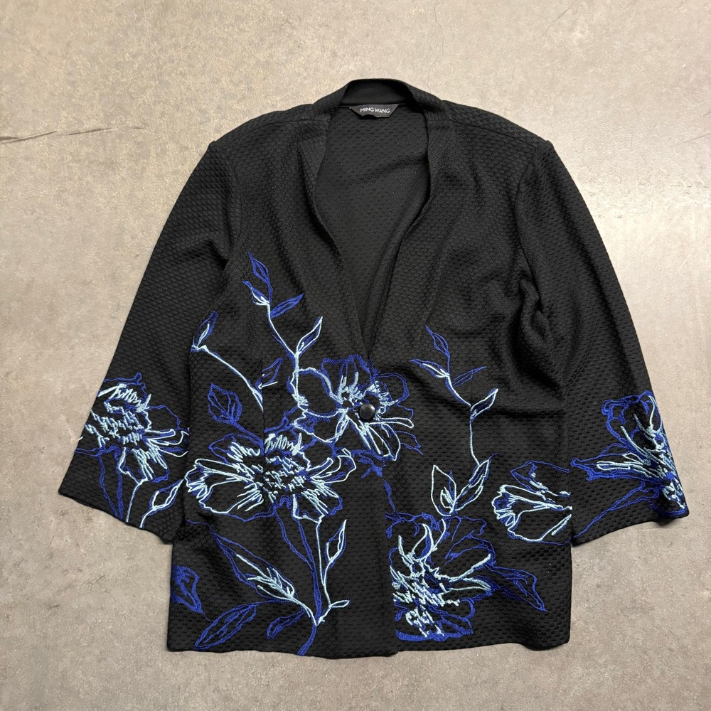 Ming Wang Black Textured Knit Jacket Blue Floral Embroidery Single Button Sz L